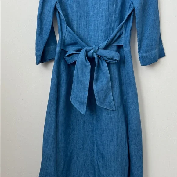 120% Lino 100% Linen Blue Button Front Tie Waist Midi Shirt Dress Size: 42 - Picture 10 of 12